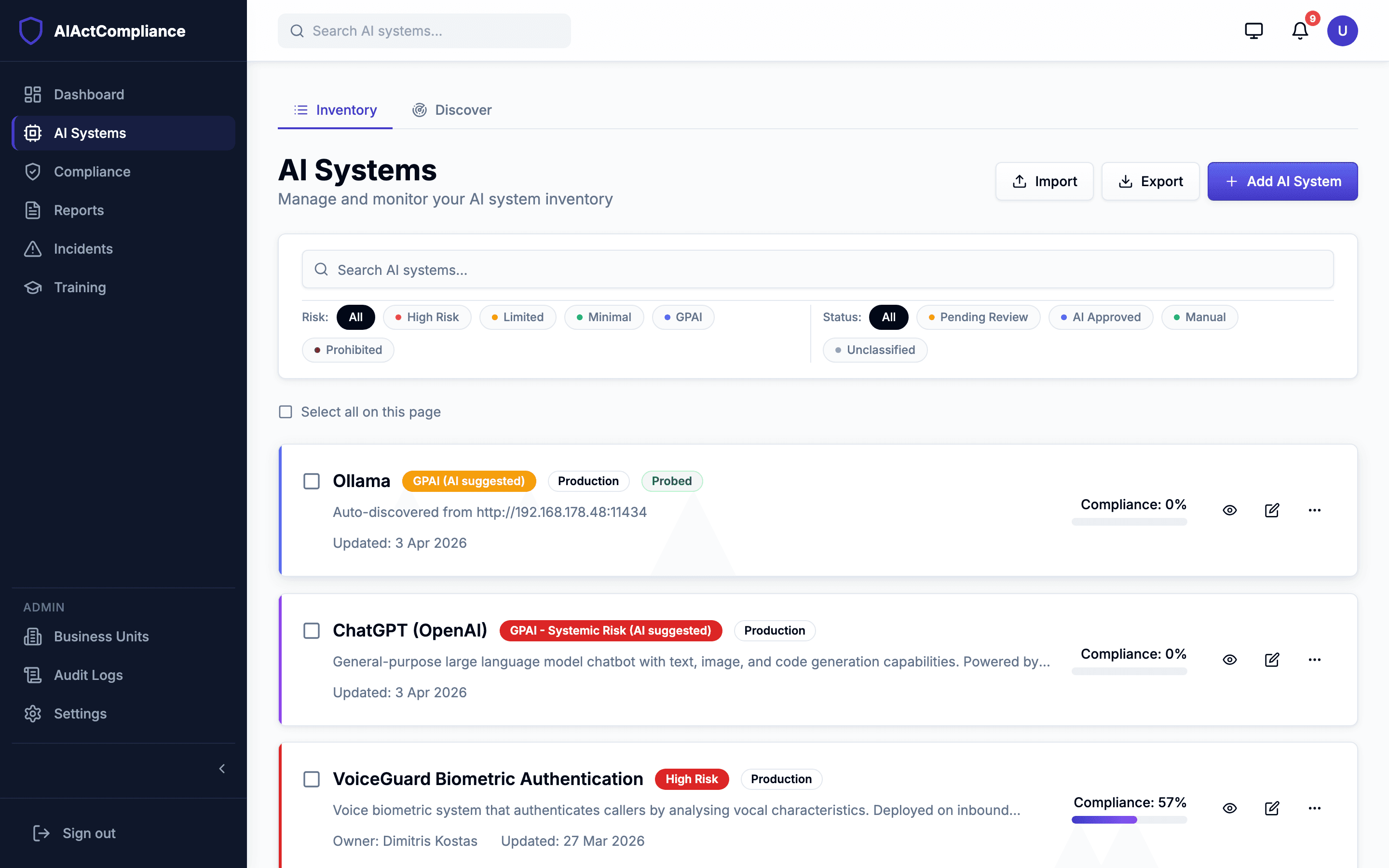AI systems inventory table with risk badges