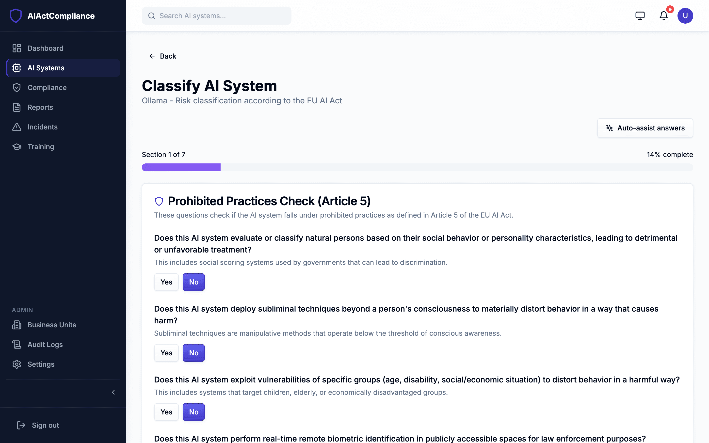 AI Act classification questionnaire form