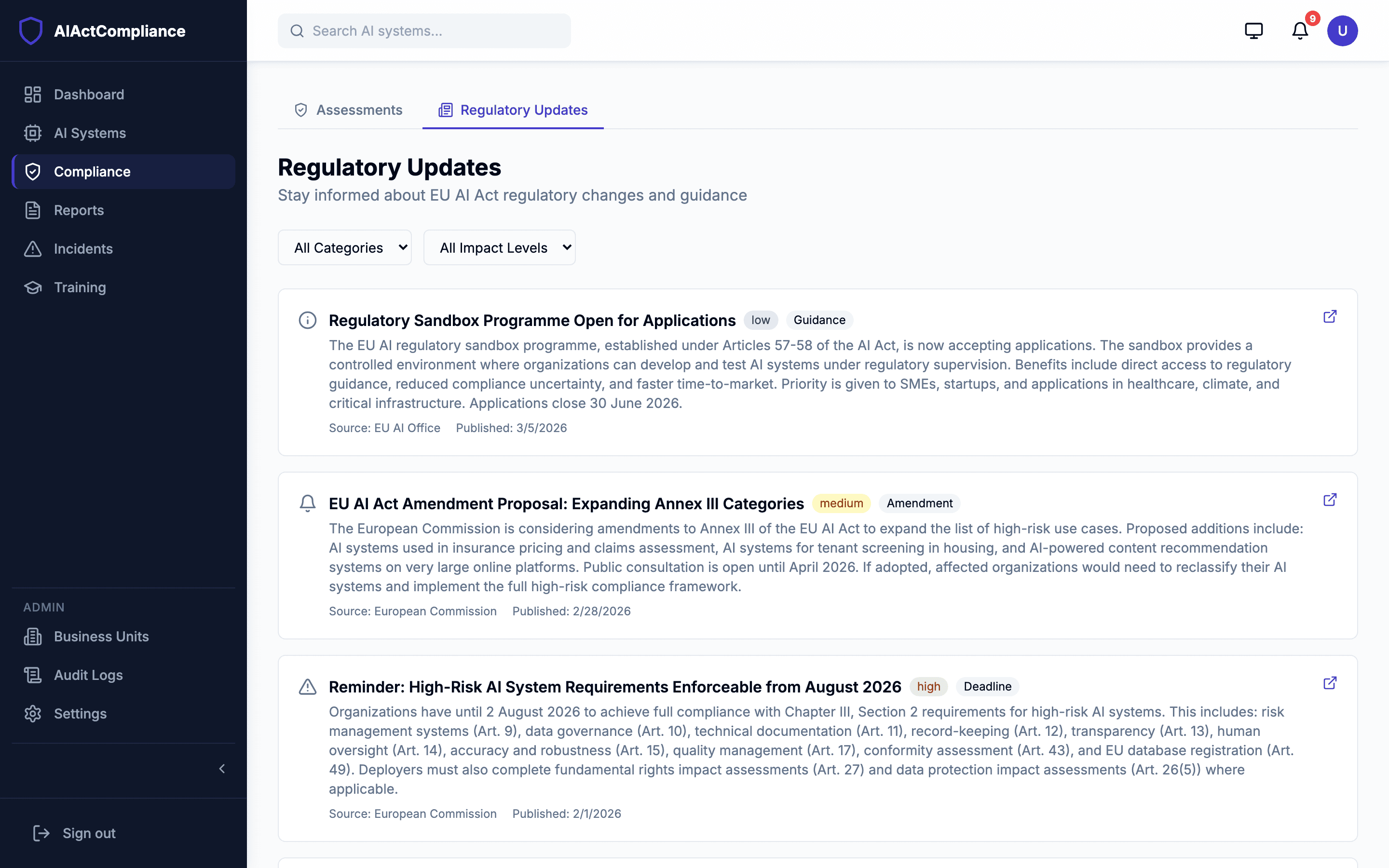 Regulatory updates feed with EU AI Act changes